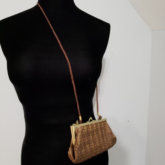 Vintage Brown Sheen Braided Satin Textured Kiss Lock Crossbody Clutch Handbag - Picture 12 of 12
